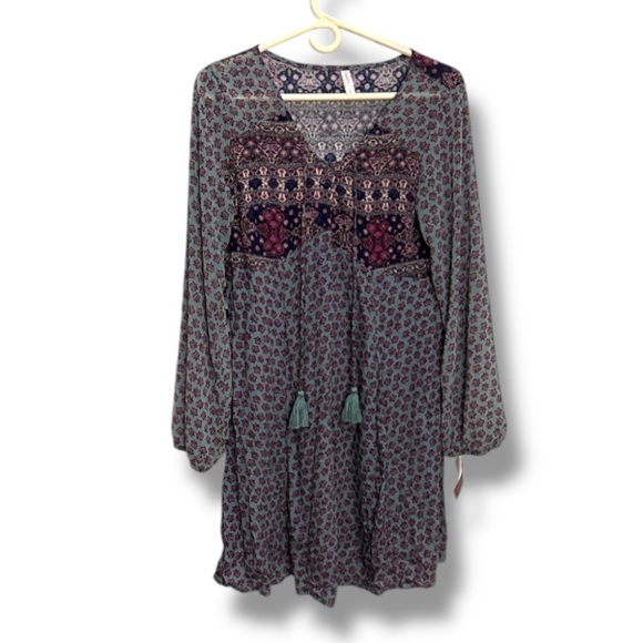 NWT Xhilaration Multicolor Boho Long Sleeve Dress Tie Neck‎ Women’s Size Large - Picture 1 of 15
